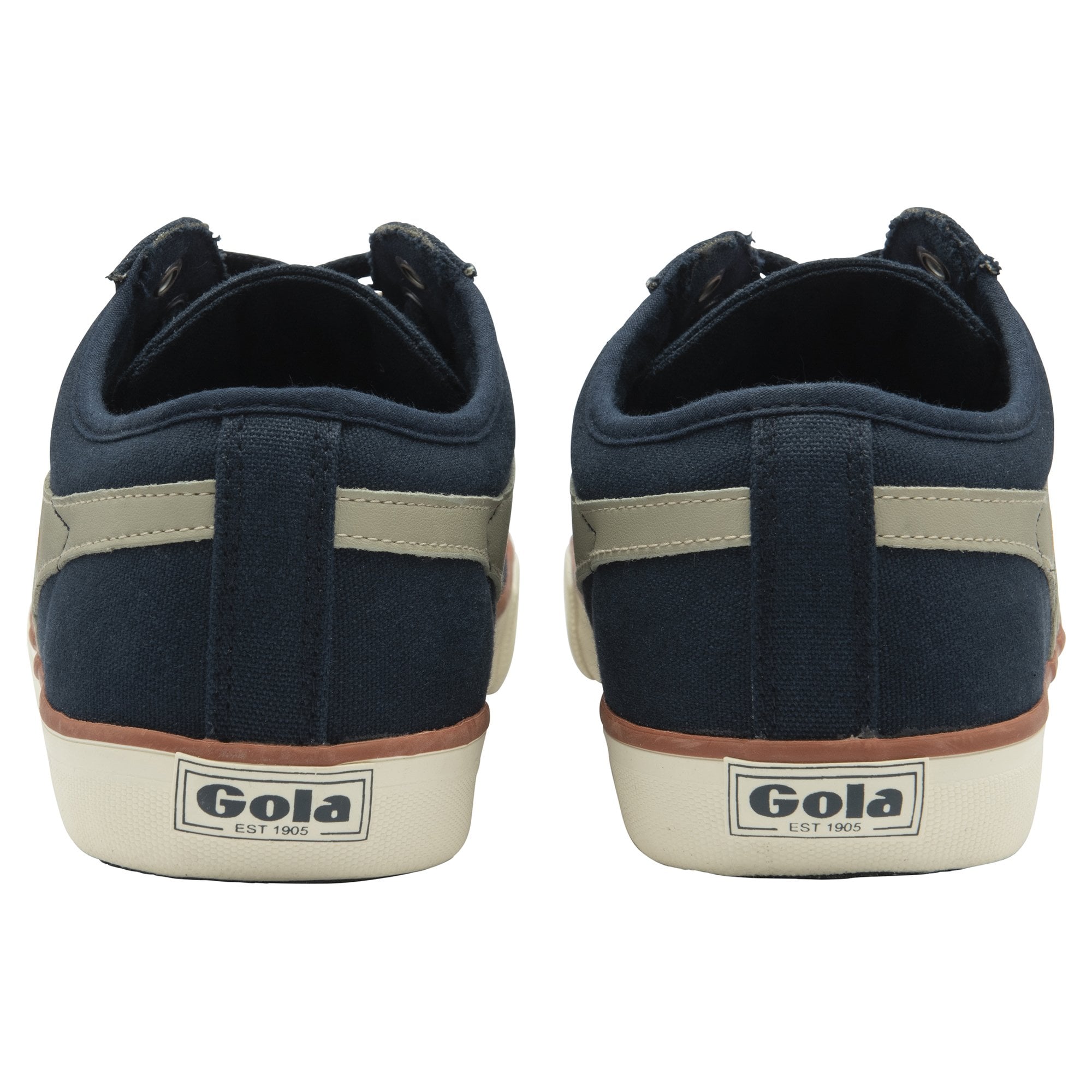 The backs of two blue Gola men's sneakers, with two cream stripes on the sides, on a white background.