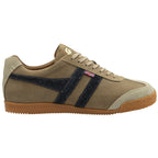 Side view of a single Gola Harrier suede trainer in khaki with navy stripes.