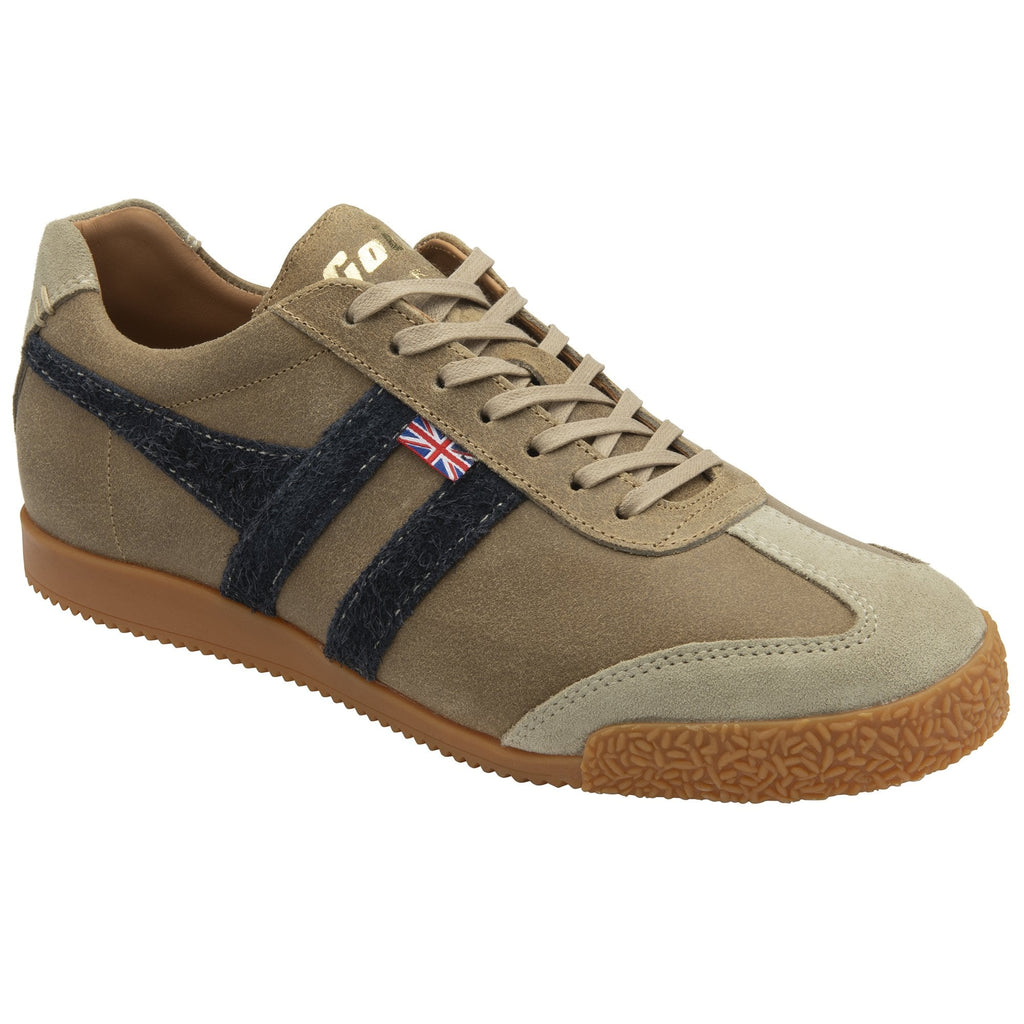 Angled view of a single Gola Harrier suede trainer in khaki with navy stripes.
