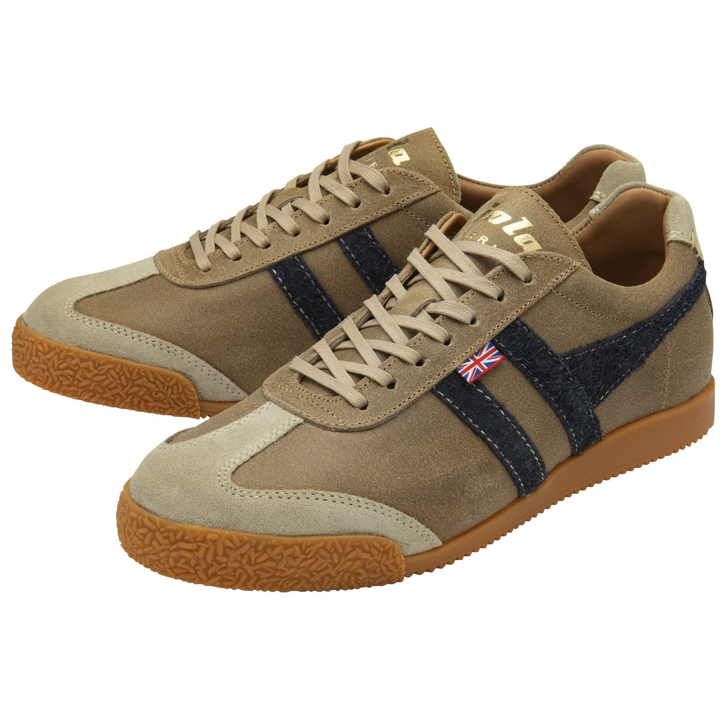 Pair of Gola Harrier suede trainers in khaki with navy stripes, angled view.