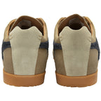 Rear view of a pair of Gola Harrier suede trainers in khaki with navy stripes.