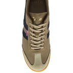 Top down view of a single Gola Harrier suede trainer in khaki with navy stripes.