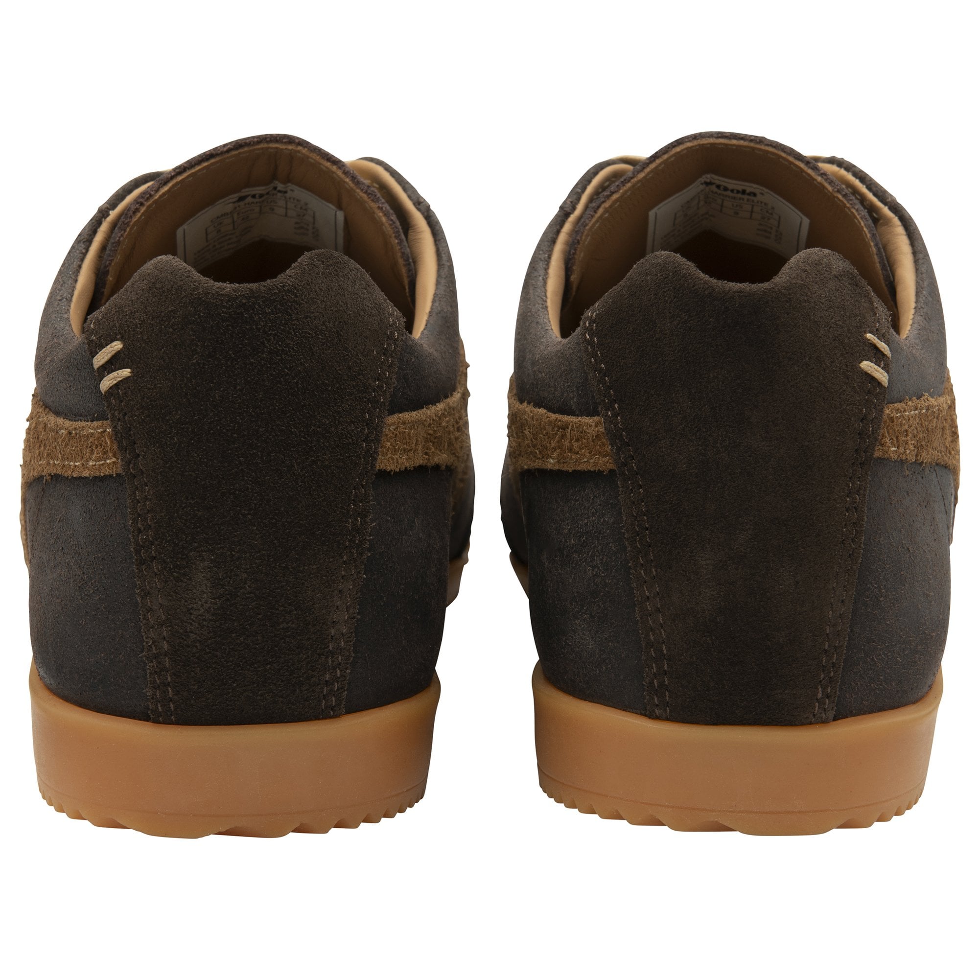 Rear view of a pair of brown sneakers with tan stripes on a white background.