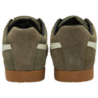 The back view of a pair of green Gola men's Harrier sneakers with white stripes.