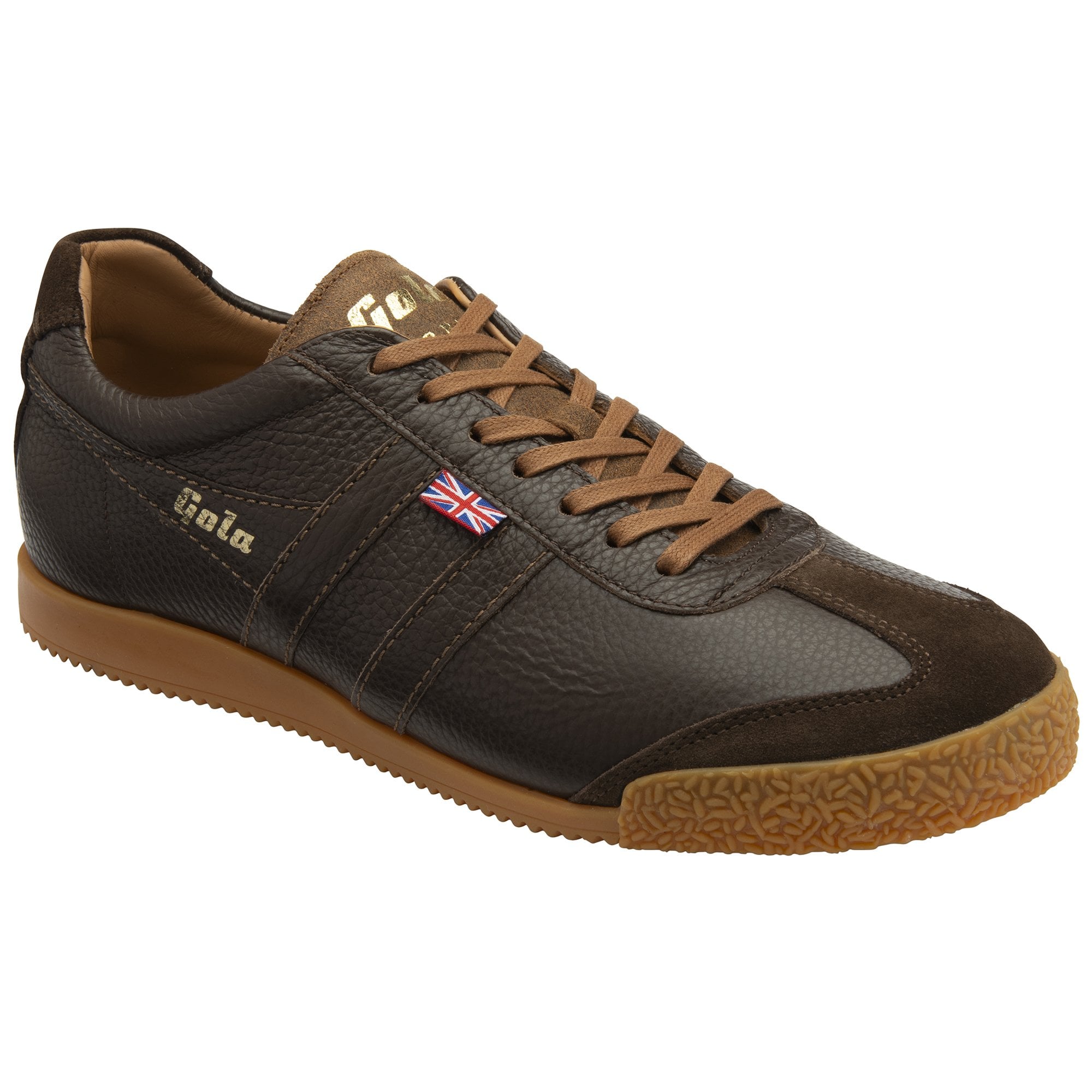 Left side view of a dark brown leather Gola trainer with a tan sole and laces. 