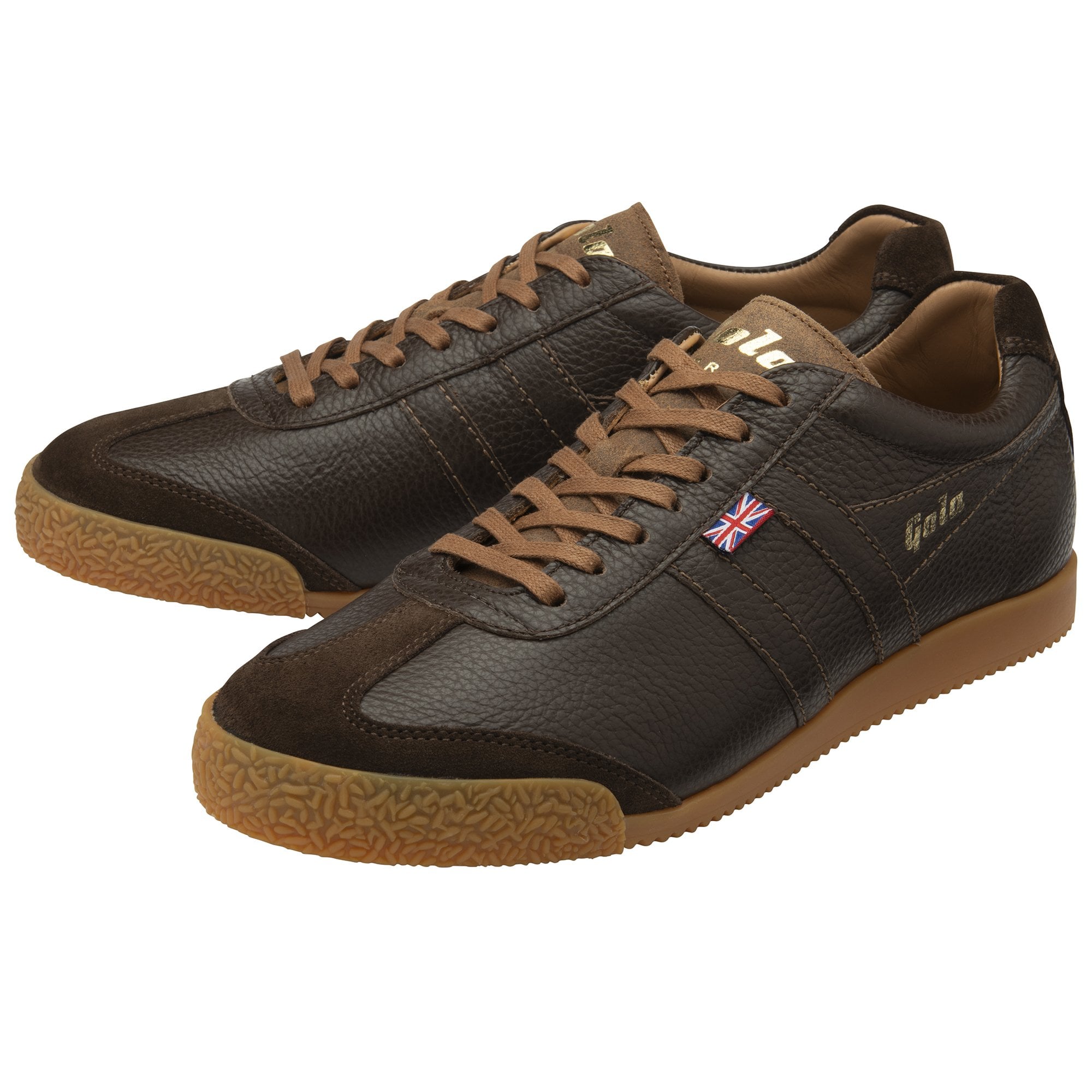 Pair of dark brown leather Gola trainers with tan soles and laces, viewed from the front. 