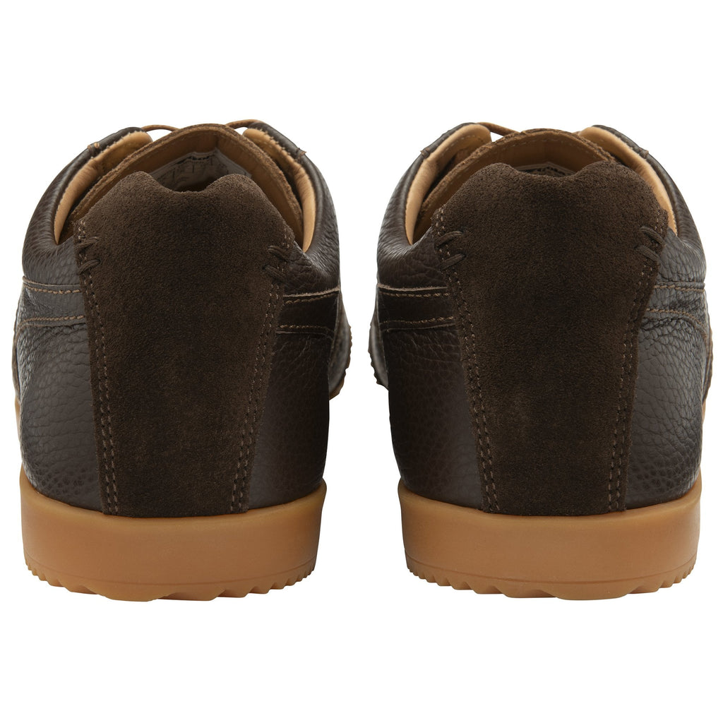 Back view of a pair of dark brown leather Gola trainers with tan soles. 