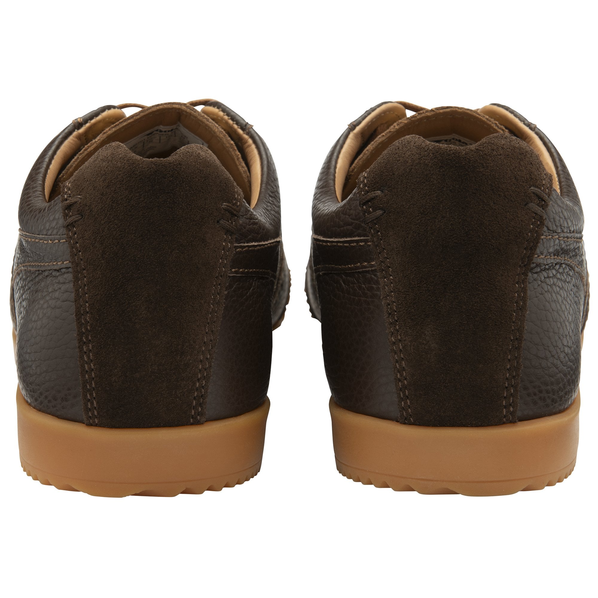 Back view of a pair of dark brown leather Gola trainers with tan soles. 
