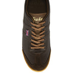 Top down view of a dark brown leather Gola trainer with tan laces. 