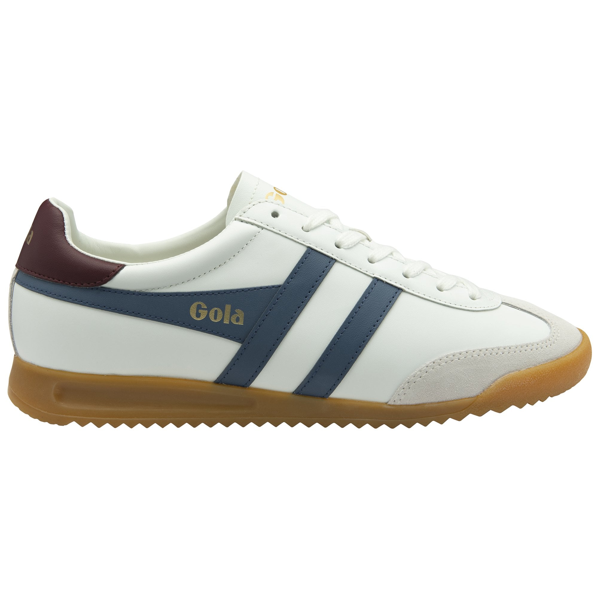 A white Gola sneaker with blue stripes and a gum sole, viewed from the side.