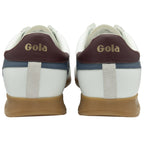 The back of two white Gola sneakers with blue and maroon accents.