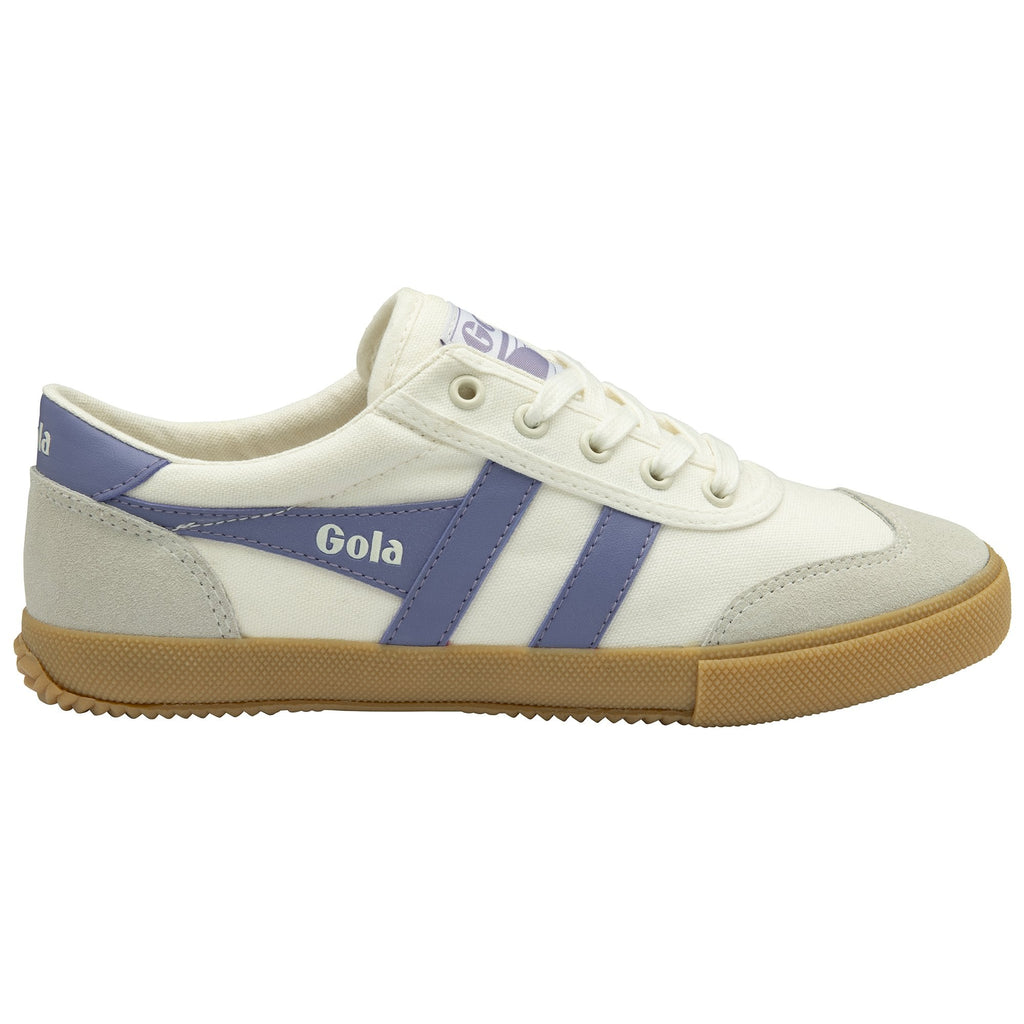 A single Gola low-top sneaker in off-white with blue stripes, viewed from the side.