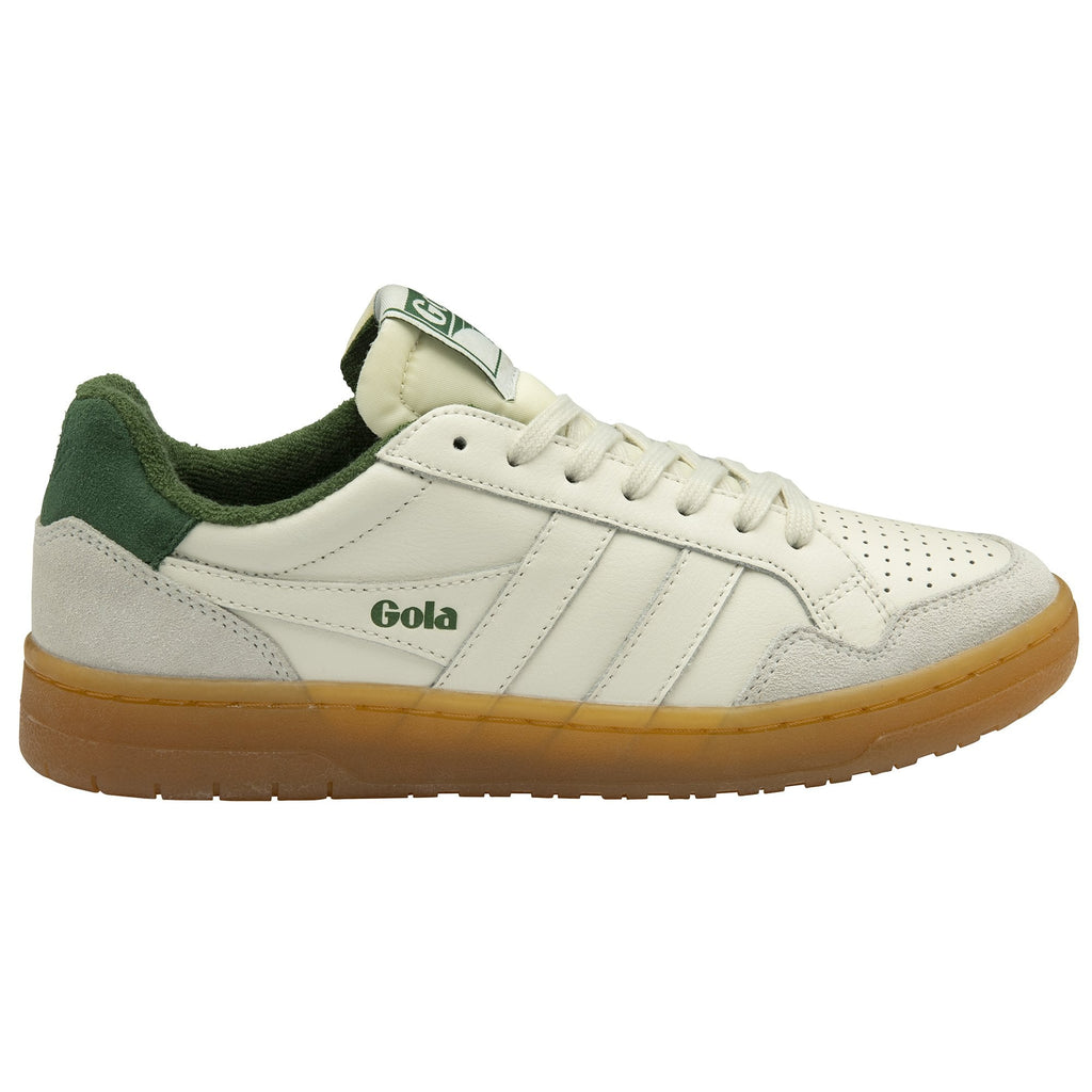 Side view of a single Gola men's shoe in off-white with green accents and a gum sole.