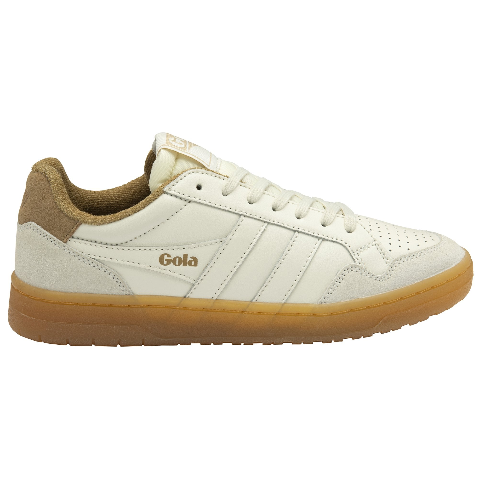 A single white and brown Gola sneaker with a gum sole, viewed from the side.