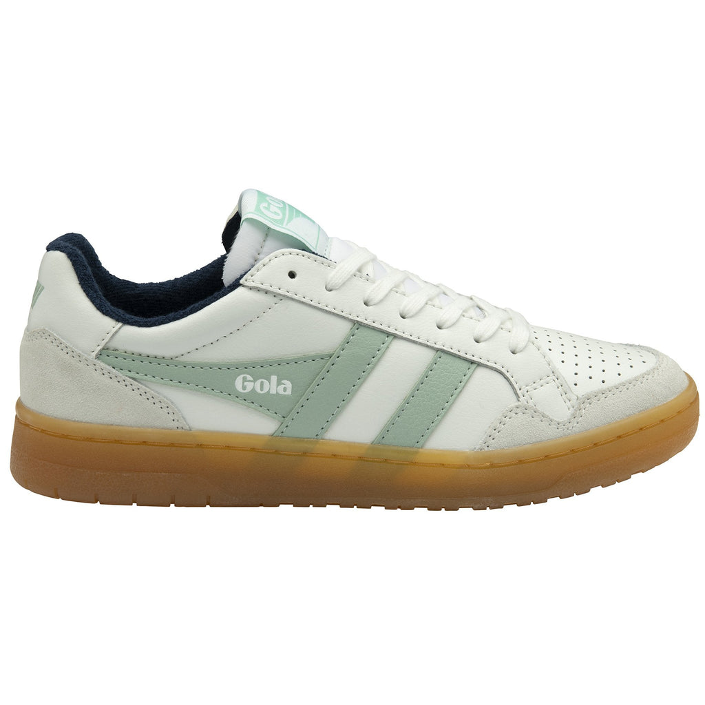 A single Gola women's sneaker, white with light green stripes, shown from the right side.