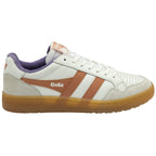 Side view of a white Gola sneaker with orange stripes and a gum sole.