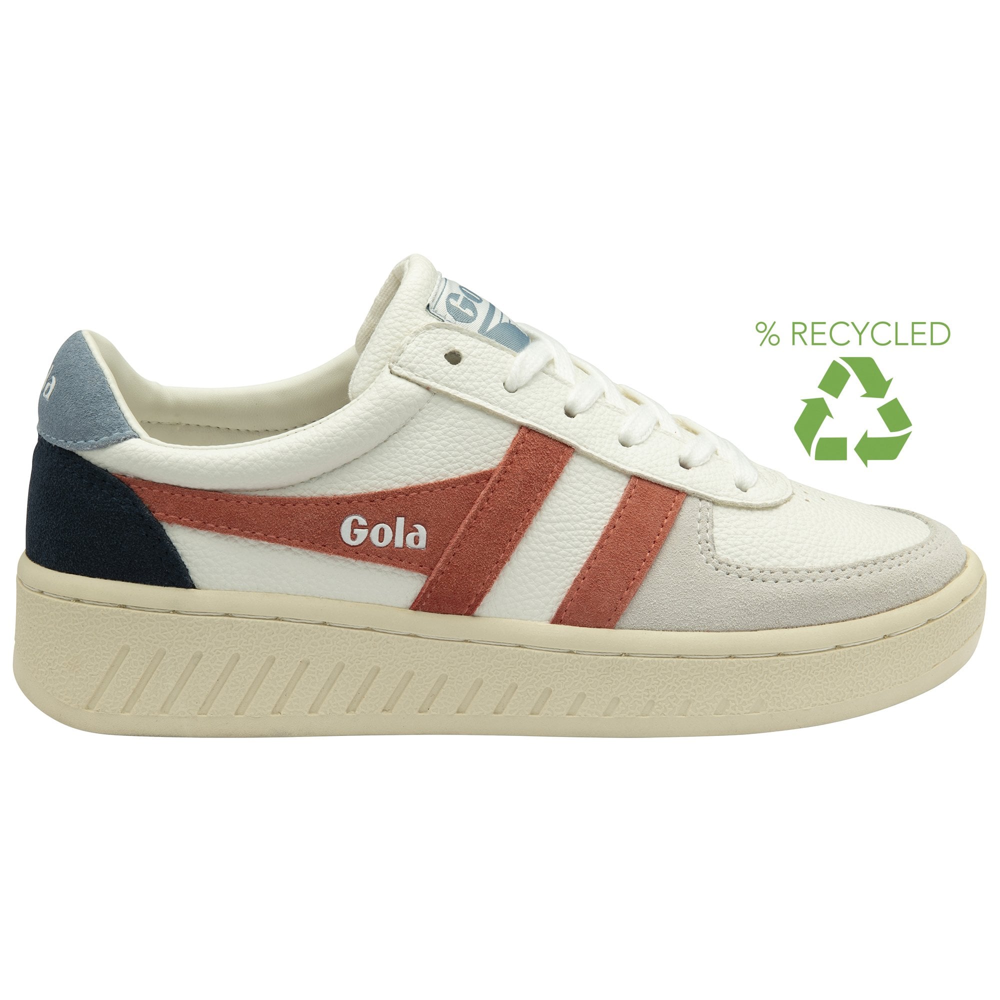 A white Gola sneaker with rust-colored stripes, blue and black accents, and a 'Recycled' logo.
