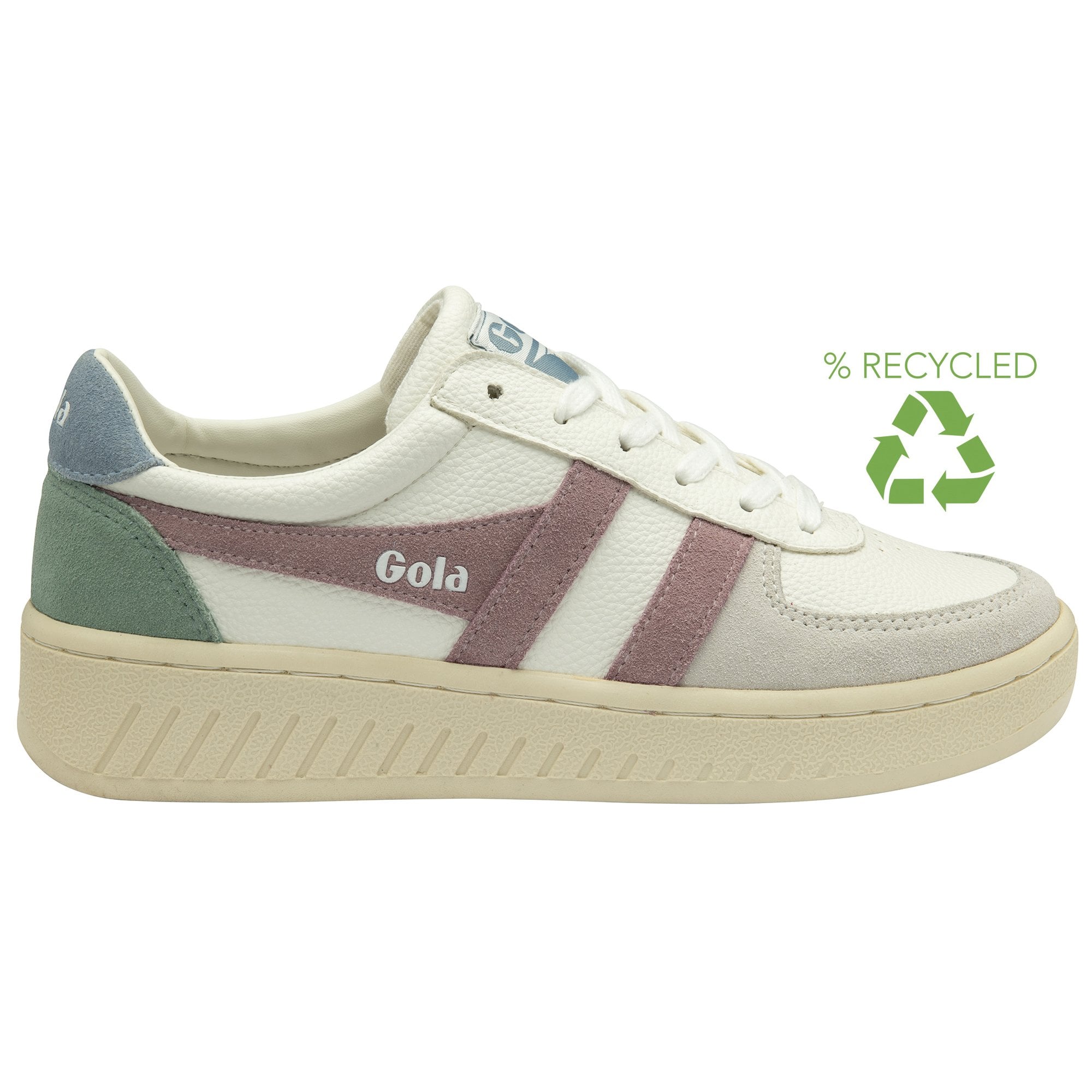 A white, pink, and green Gola sneaker with a "Recycled" emblem.