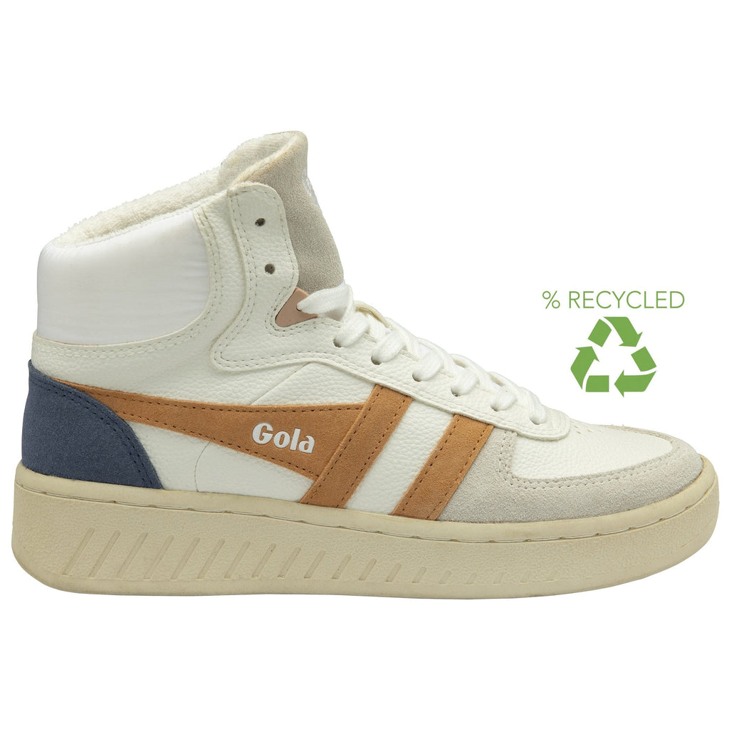Side profile of a Gola high-top sneaker with brown stripes and a recycled logo.
