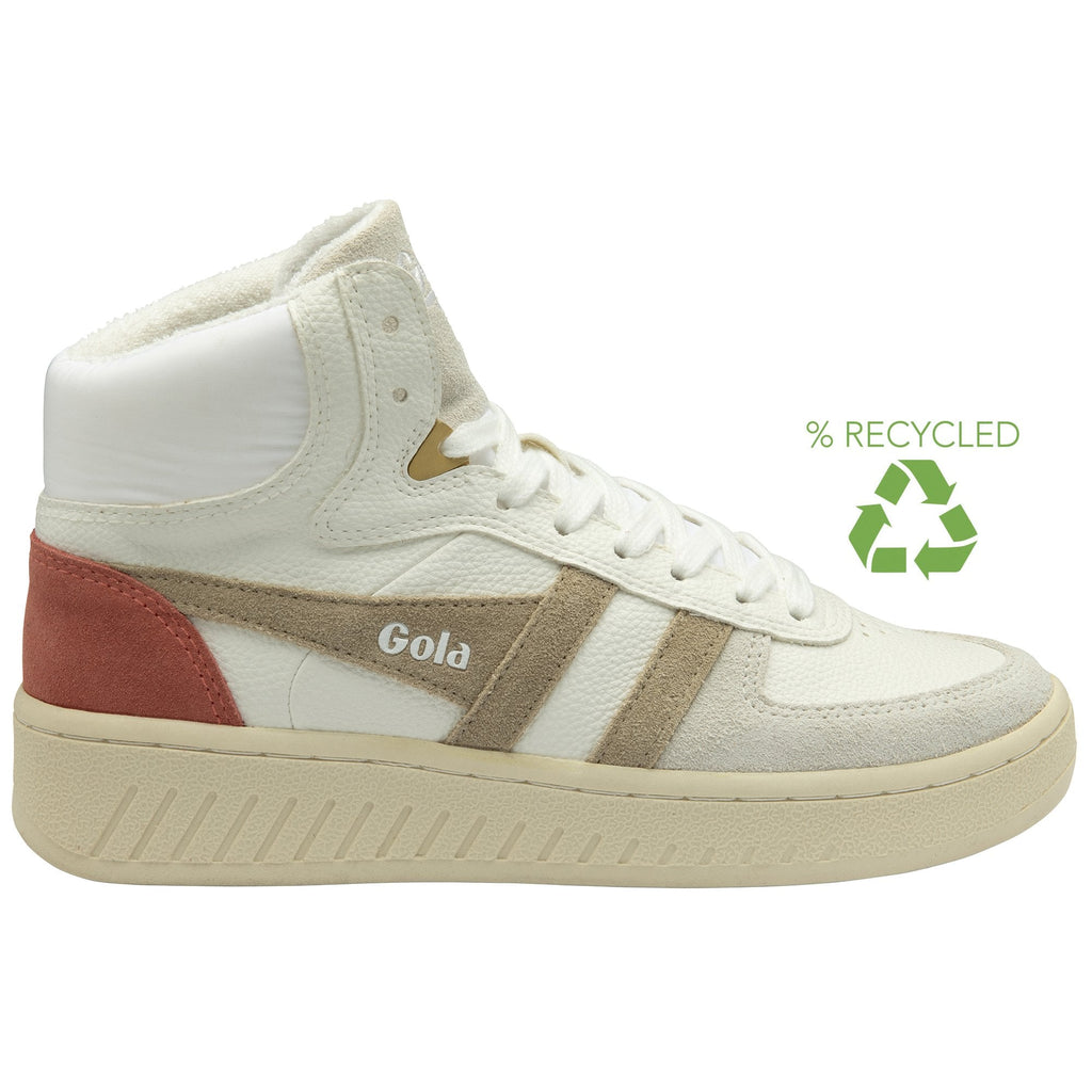 A white Gola high-top sneaker with tan and red accents and a recycled symbol.