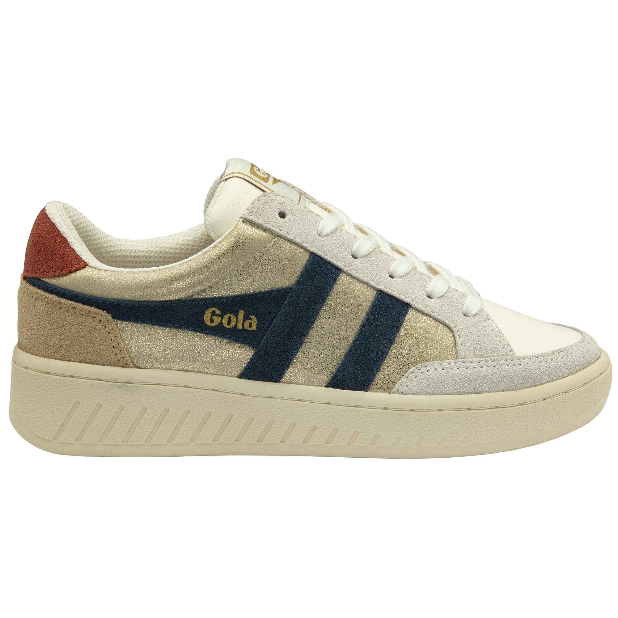 Side profile of a Gola shoe. It is white, cream, and beige with blue stripes and a reddish-brown heel.