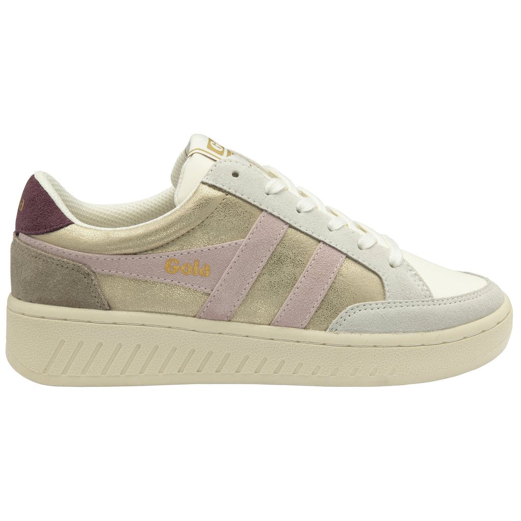A single Gola low-top sneaker in gold, white, and pink, angled to the right.