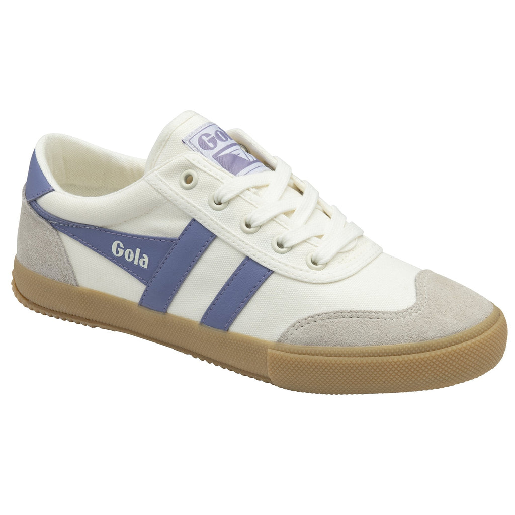 A single Gola low-top sneaker in off-white with blue stripes, viewed from the side.
