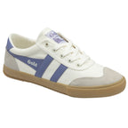 A single Gola low-top sneaker in off-white with blue stripes, viewed from the side.