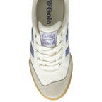 An overhead view of a single Gola low-top sneaker in off-white with blue stripes.