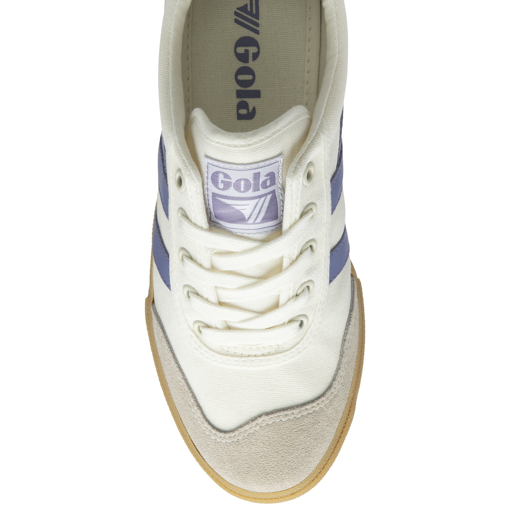 An overhead view of a single Gola low-top sneaker in off-white with blue stripes.
