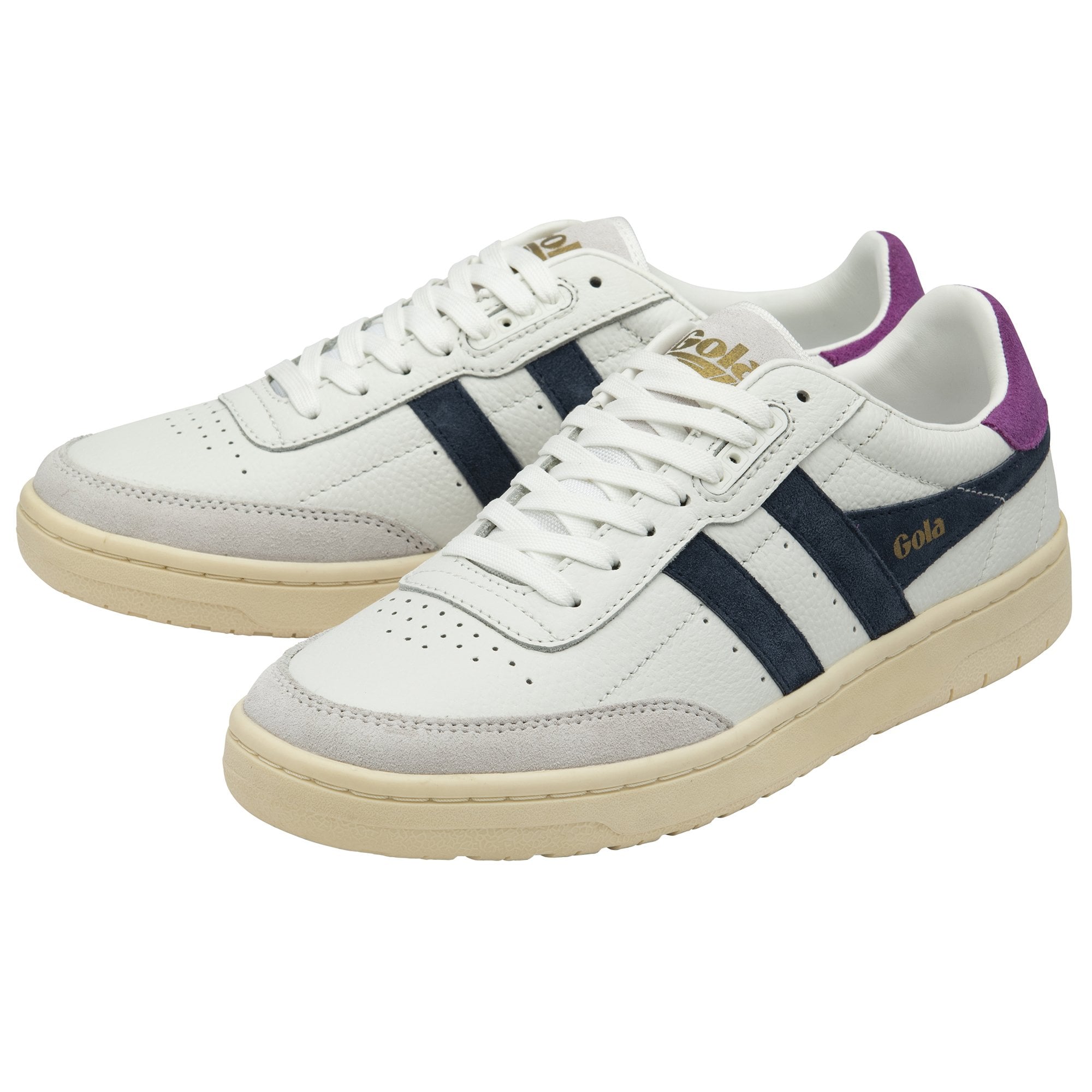 A pair of white trainers with two navy stripes and a purple heel on a white background.