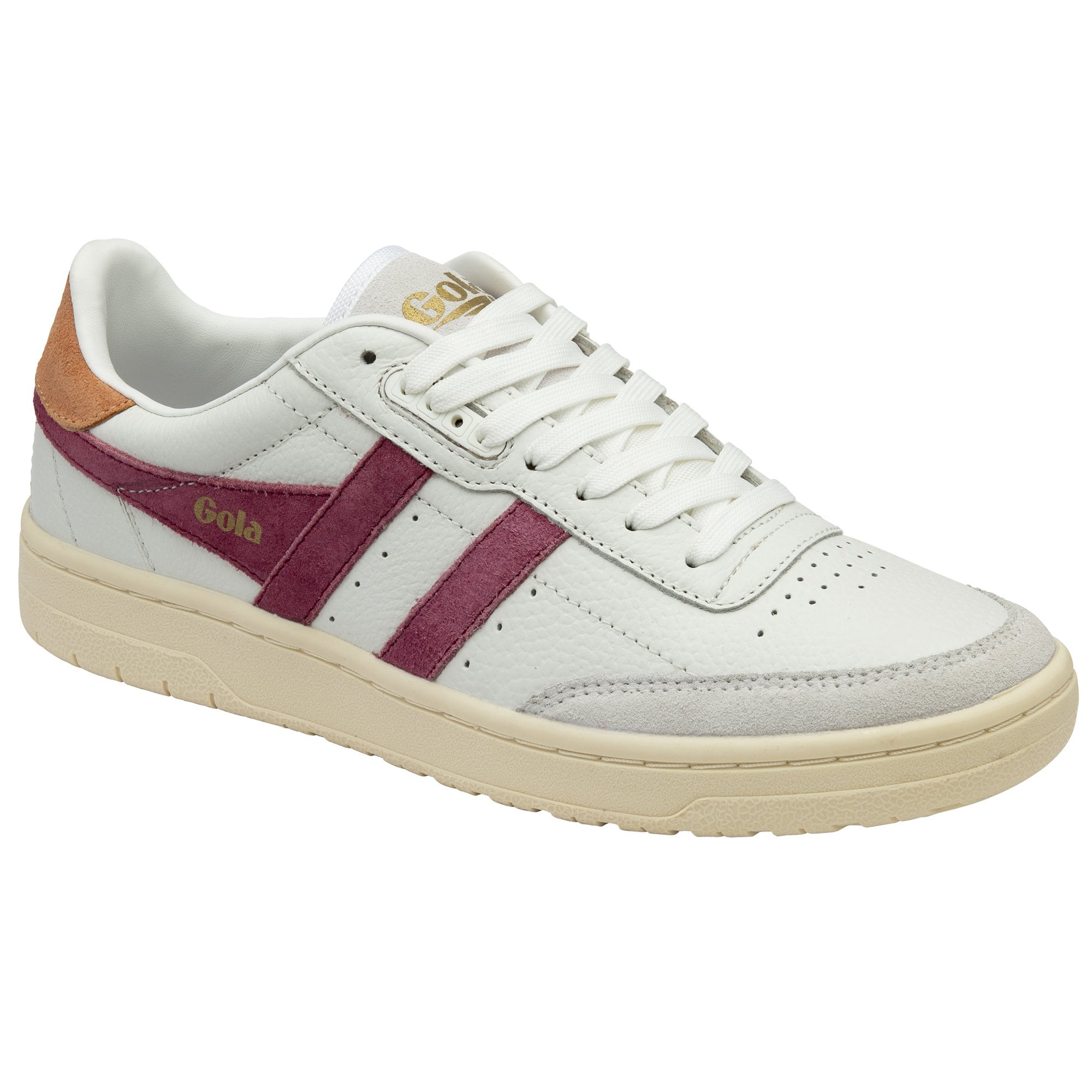 Angled view of a white Gola sneaker with two burgundy stripes and a tan heel.