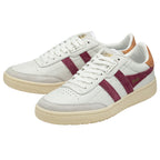Pair of white Gola sneakers with two burgundy stripes and tan heels.