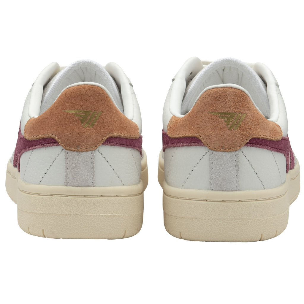 Back view of a pair of white Gola sneakers with burgundy and tan accents.
