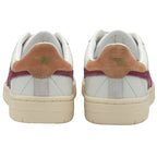 Back view of a pair of white Gola sneakers with burgundy and tan accents.
