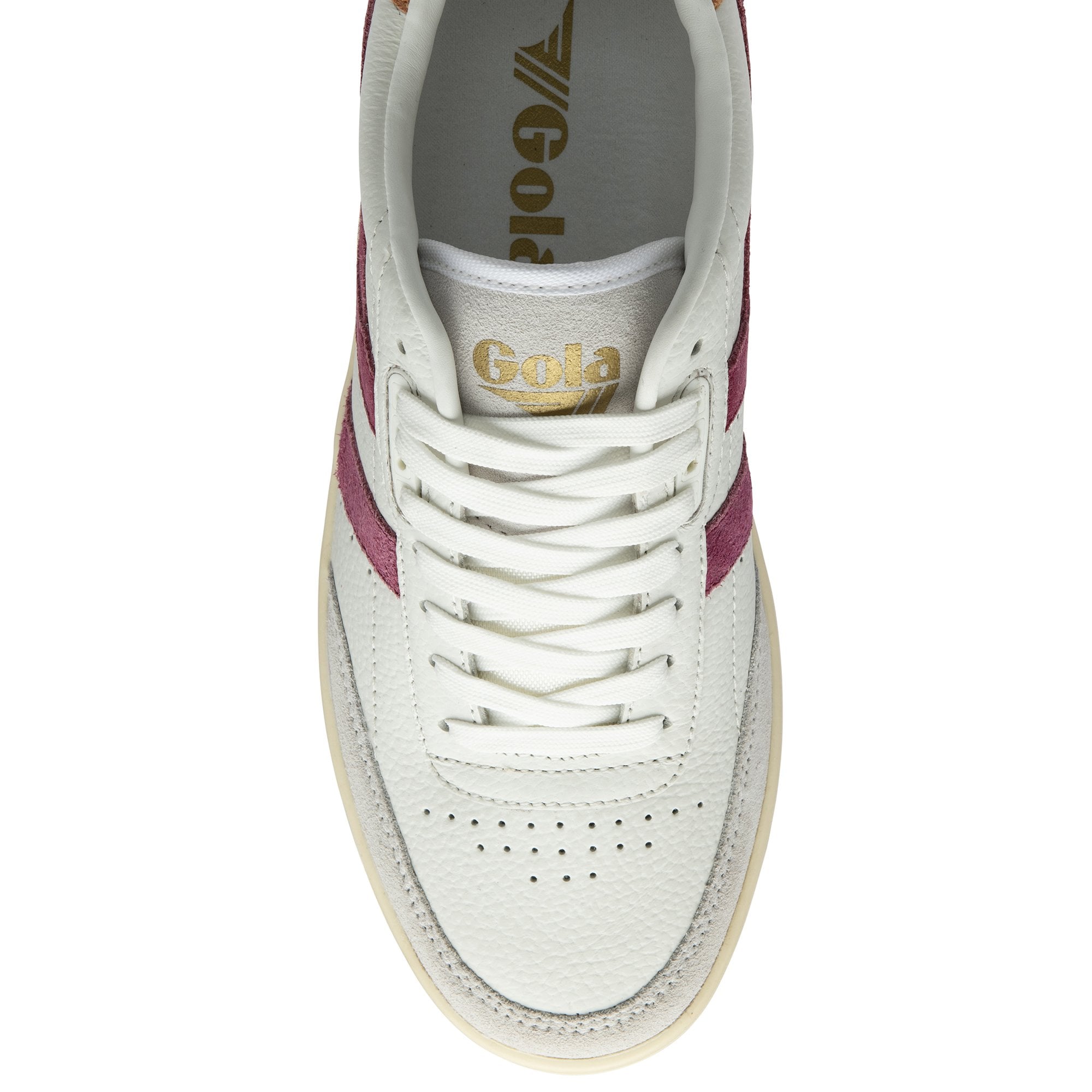Top-down view of a white Gola sneaker with burgundy stripes.