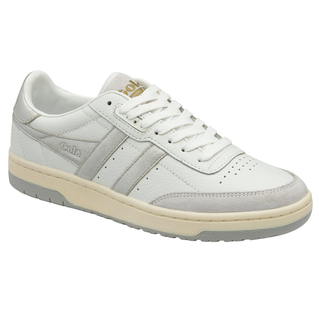 A white and grey Gola men's sneaker, angled side view.