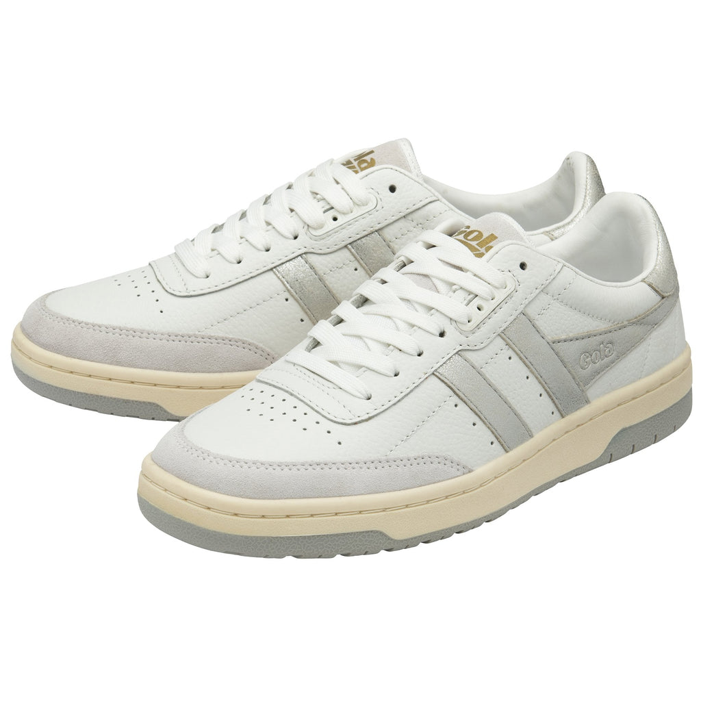 A pair of white and grey Gola men's sneakers, angled side view.