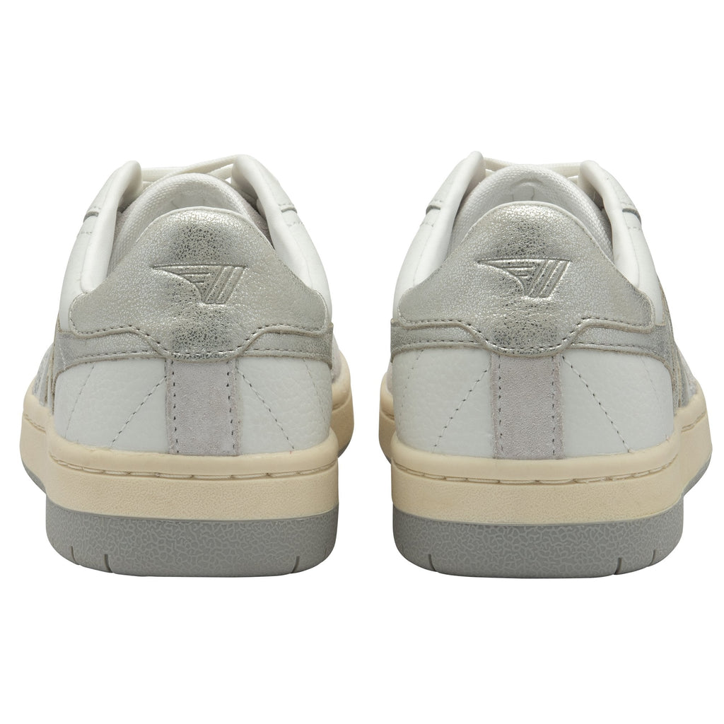 A pair of white and grey Gola men's sneakers, back view.