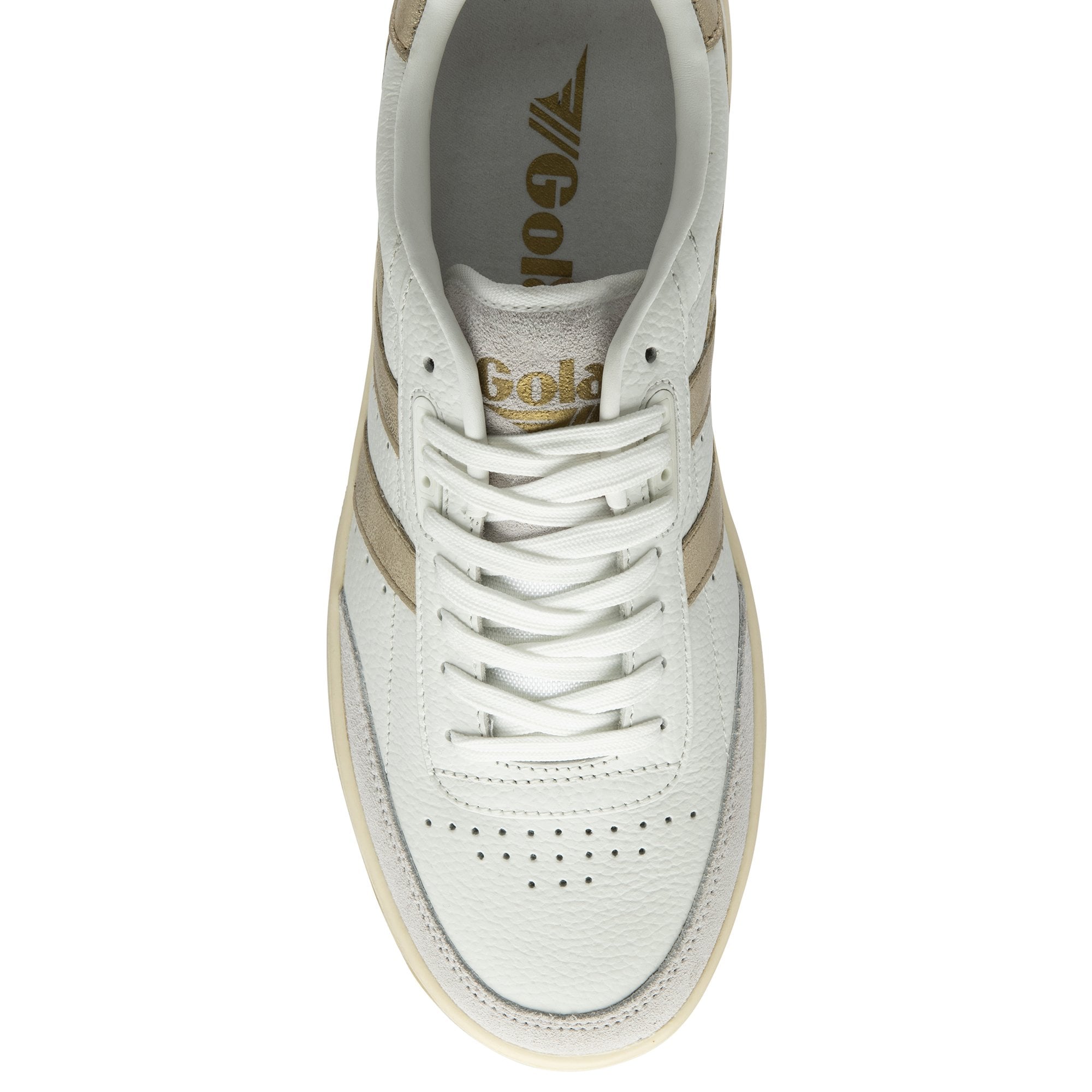 Top down view of the Gola Women's Balsa Leather Sneakers in white and gold.