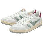 Pair of white sneakers with green stripes and maroon heel tabs, angled view.