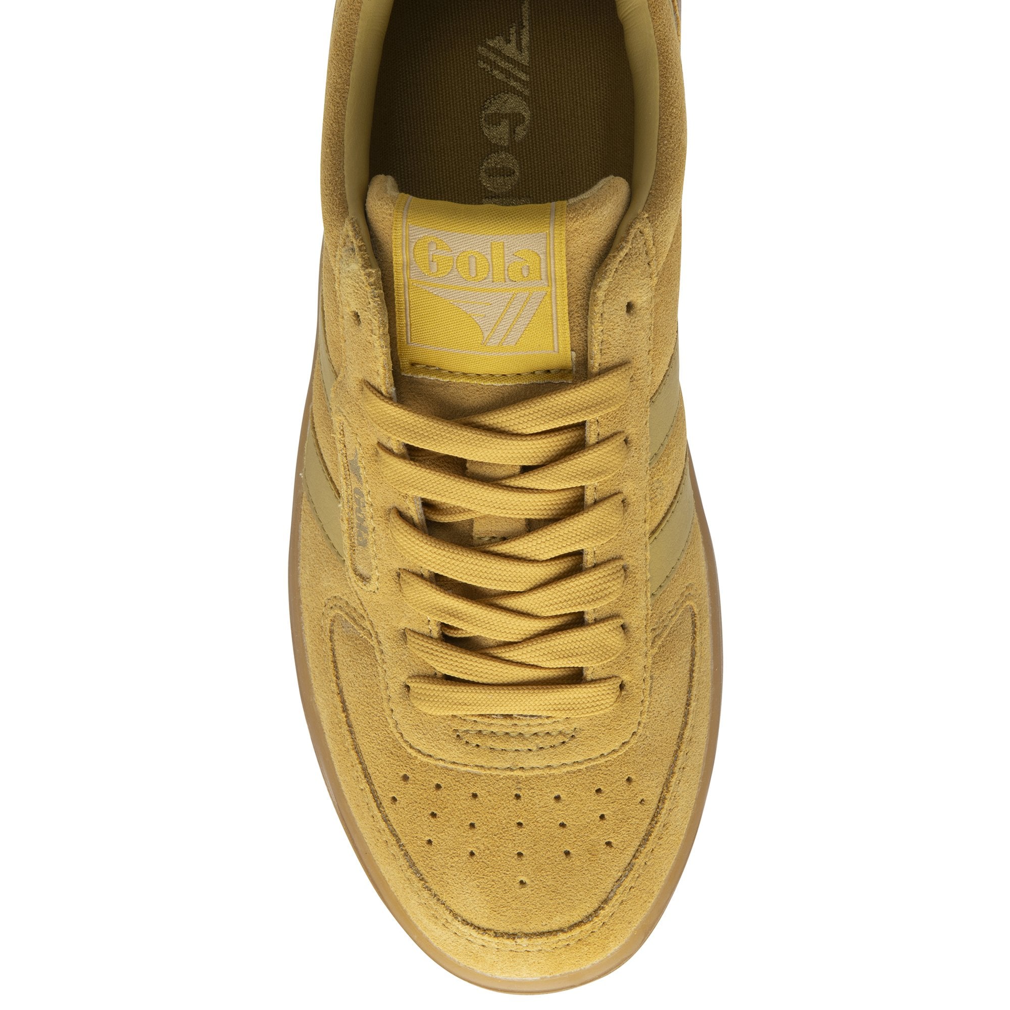 A single mustard yellow Gola trainer with a gum sole, viewed from the top.