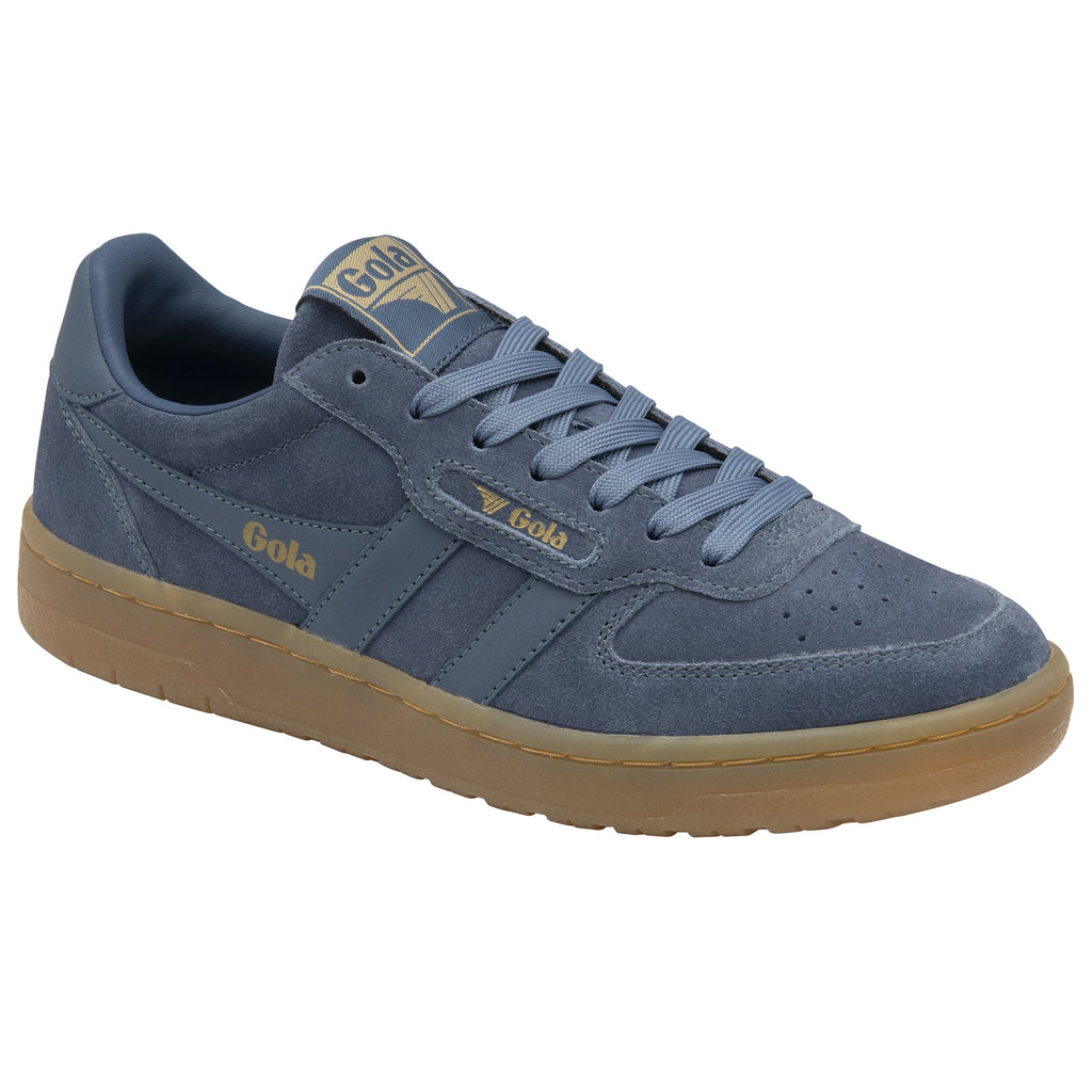 A single Gola men's sneaker in blue with a brown sole, viewed from the left side.