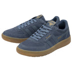 A pair of Gola men's sneakers in blue with brown soles, positioned at an angle.