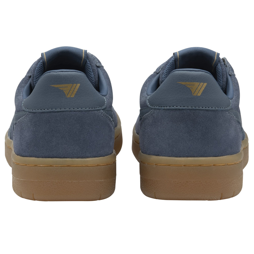 A pair of Gola men's sneakers in blue with brown soles, showing the back view.