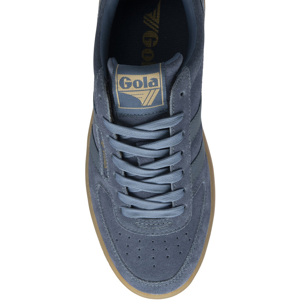 A single Gola men's sneaker in blue with a brown sole, viewed from above.