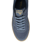 A single Gola men's sneaker in blue with a brown sole, viewed from above.
