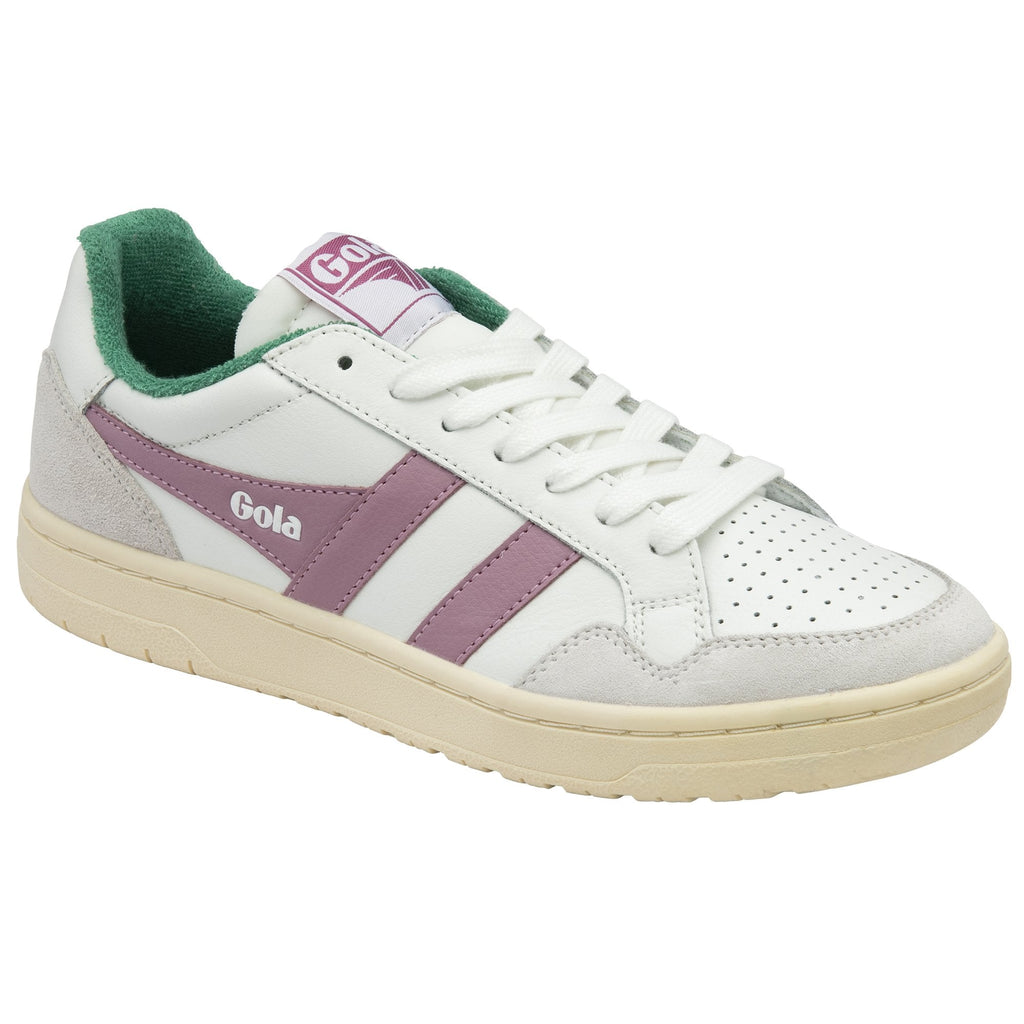 Angled side view of the Gola Elan women's shoe. White, green and purple.