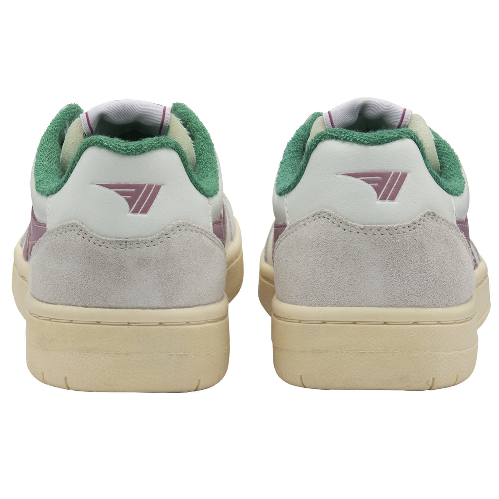 Rear view of the Gola Elan women's shoe. White, green and purple.