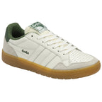 Angled side view of a single Gola men's shoe in off-white with green accents and a gum sole.